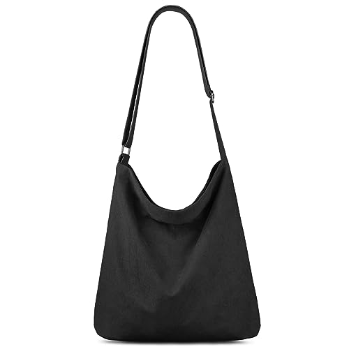 Kememo Cord Hobo Bag Crossbody Tote Bag mit Reißverschluss, Große Kapazität Umhängetasche Handtaschen Einkaufstasche für Frauen, Schwarz von Kememo