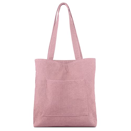 Kememo Cord Tasche Damen Umhängetasche mit Reißverschluss, Schultertaschen Handtasche Shopper Tasche für Arbeit Büro Reisen Einkaufen Schule und Alltag, Rosa von Kememo