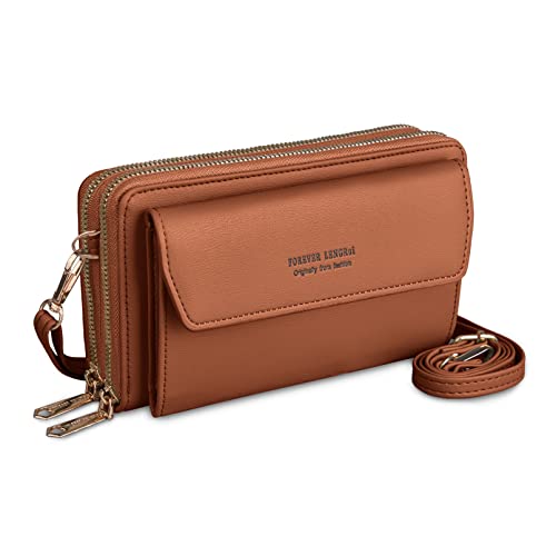 Kememo Handytasche zum Umhängen Damen Handy Umhängetasche Geldbörse Veganes Leder Handy Portemonnaie mit 12 Kartenfächer Handy Schultertasche Reißverschluss Crossbody Kleine Handy Tasche, Braun von Kememo