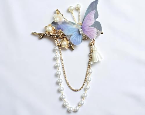 KEMMINTVN Vintage Schmetterling Haarspange mit Perlenketten Blau Lila Flügel Lila Schmetterling Haarspangen Quaste Kopfschmuck Fee Clip Rand Clip Haarschmuck Niedlich Mädchen Haarspange von Kemmintvn