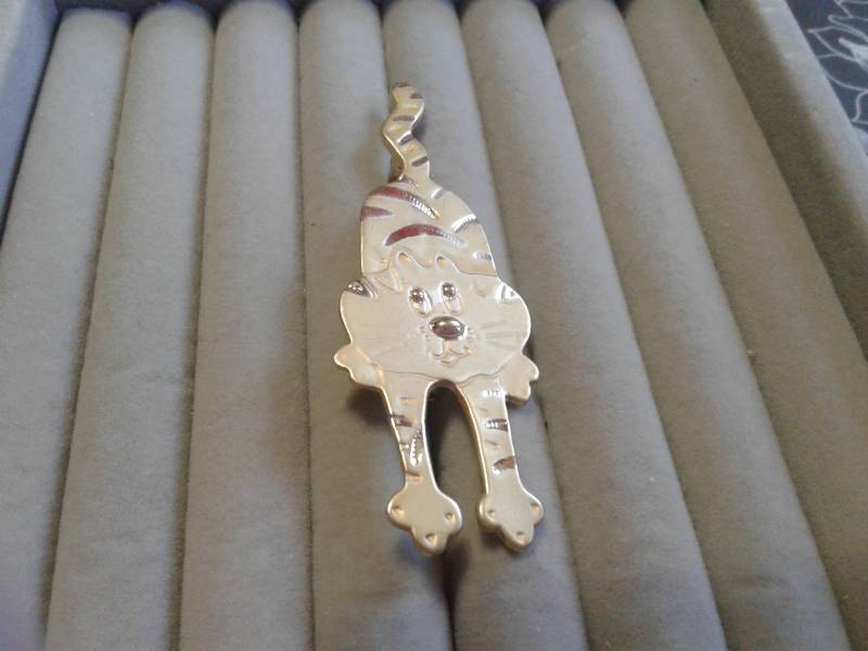 Goldfarbene Comical Cartoon Katze Brosche von KenPaulsTreasures
