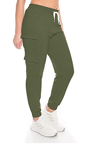 Damen Jogging Hose Jogginghose High Waist Baumwolle lang freizeithose Trainingshose Joggpants fitnesshose Jogpant stretch Sporthose Yogahose Jogger Yoga sport sexy Cargohose cargo-joggers Khaki L von Kendindza Collection