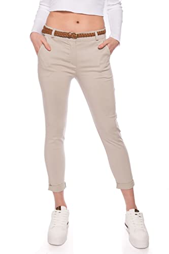 Kendindza Chino Damen Hose Stretch mit Gürtel Stoffhose Damen elegant lang (L, Beige) von Kendindza Collection