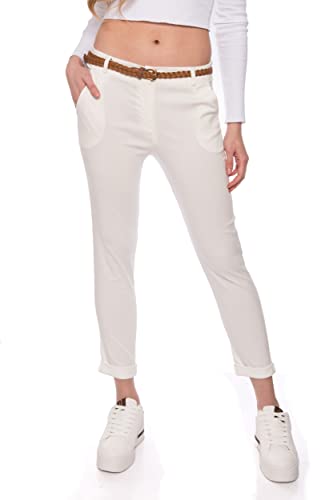 Kendindza Chino Damen Hose Stretch mit Gürtel Stoffhose Damen elegant lang (L, Creme) von Kendindza Collection