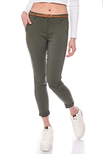 Kendindza Chino Damen Hose Stretch mit Gürtel Stoffhose Damen elegant lang (L, Khaki) von Kendindza Collection