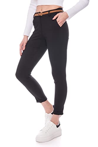 Kendindza Chino Damen Hose Stretch mit Gürtel Stoffhose Damen elegant lang (L, Schwarz) von Kendindza Collection