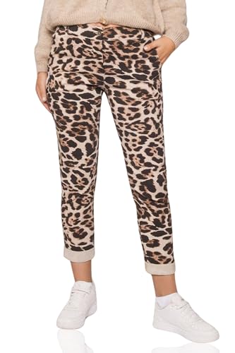 Kendindza Chino Damen Hose Stretch mit Gürtel Stoffhose Damen elegant lang Leopard Hose Leo Muster Print S von Kendindza Collection