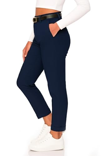 Kendindza Chino Damen Hose Stretch mit Gürtel Stoffhose Damen elegant lang Stretchhose weiches Material Blue M von Kendindza Collection