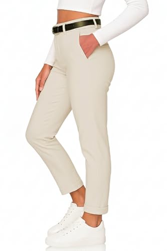 Kendindza Chino Damen Hose Stretch mit Gürtel Stoffhose Damen elegant lang Stretchhose weiches Material Sand S von Kendindza Collection