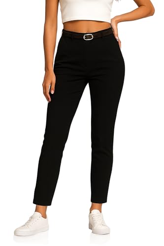 Kendindza Chino Damen Hose Stretch mit Gürtel Stoffhose Damen elegant lang Stretchhose weiches Material Schwarz L von Kendindza Collection