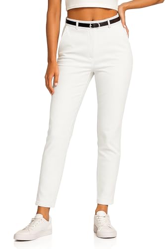 Kendindza Chino Damen Hose Stretch mit Gürtel Stoffhose Damen elegant lang Stretchhose weiches Material Weiß L von Kendindza Collection