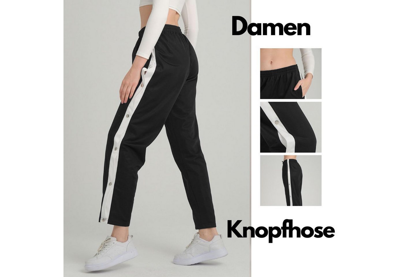 Kendindza Collection Jogginghose Knopfhose Jogginghose mit Druckknöpfen Sporthose Damen Relaxhose Tunnelzug, Gummibund, Streifen, Knöpfe von Kendindza Collection