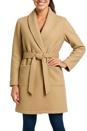 Kendindza Damen Mantel Trenchcoat mit Gürtel OneSize Lang und Kurz (OneSize, Camel Kurz) von Kendindza Collection