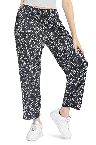 Kendindza Damen Sommerhose Damen leicht und luftig Sommer Hose Lang Leicht Freizeithose Blumen aus Baumwolle 05-H23 Schwarz L von Kendindza Collection