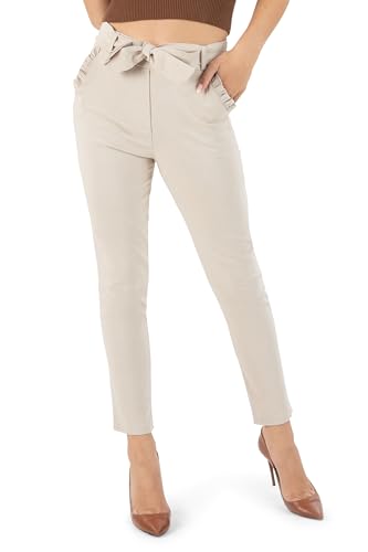 Kendindza Damen Stretch Hose Damen Hosen elegant mit Schleife High Waist Hose Damen Stoffhose Damen elegant Business Hose Damen Lang Schlupfhose Beige L von Kendindza Collection