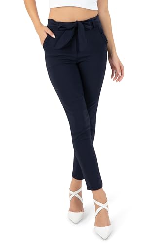 Kendindza Damen Stretch Hose Elegant Mit Schleife - High Waist Stoffhose für Business, Lang Schlupfhose in Blau, XXL von Kendindza Collection