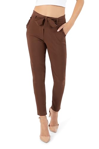 Kendindza Damen Stretch Hose Damen Hosen elegant mit Schleife High Waist Hose Damen Stoffhose Damen elegant Business Hose Damen Lang Schlupfhose Braun XXL von Kendindza Collection