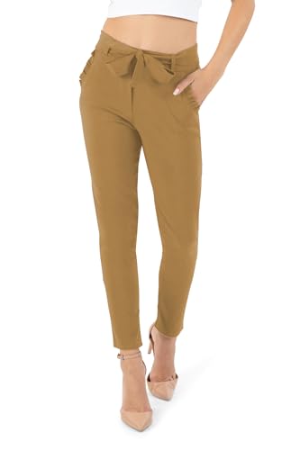 Kendindza Damen Stretch Hose Damen Hosen elegant mit Schleife High Waist Hose Damen Stoffhose Damen elegant Business Hose Damen Lang Schlupfhose Camel M von Kendindza Collection