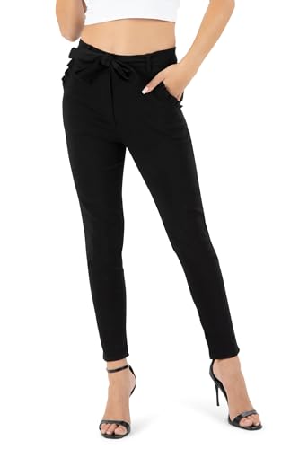 Kendindza Damen Stretch Hose Elegant Mit Schleife - High Waist Stoffhose für Business, Lang Schlupfhose in Schwarz, Größe S von Kendindza Collection