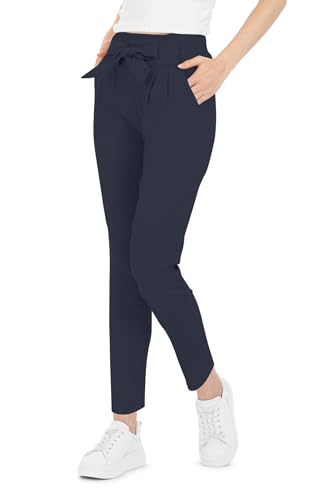 Kendindza Damen Stretch Hose Dehnbund Damen Hosen elegant mit Schleife High Waist Hose Damen Stoffhose Damen elegant Business Hose Damen Lang Schlupfhose Blau M von Kendindza Collection