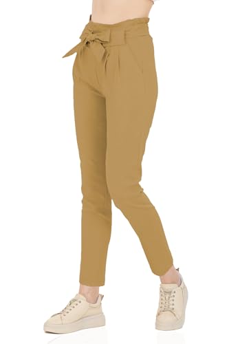 Kendindza Damen Stretch Hose Dehnbund Damen Hosen elegant mit Schleife High Waist Hose Damen Stoffhose Damen elegant Business Hose Damen Lang Schlupfhose Camel S von Kendindza Collection