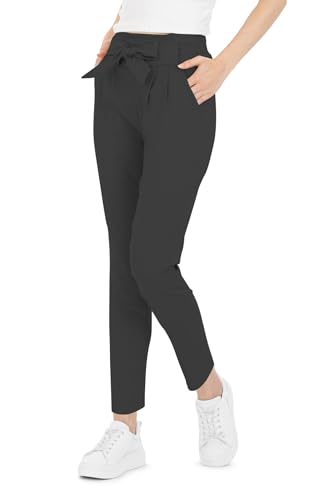 Kendindza Damen Stretch Hose Mit Schleife - High Waist Stoffhose Elegant Business Lang Schlupfhose Dehnbund Schwarz L von Kendindza Collection