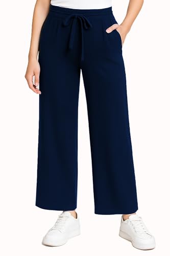 Kendindza Sommerhose Damen leicht 7/8, Palazzo Hose Damen Sommer Marlenehose Leicht Plissee Stoffhose Wide Leg elegant Blau L von Kendindza Collection
