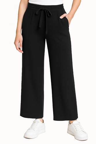 Kendindza Sommerhose Damen leicht 7/8, Palazzo Hose Damen Sommer Marlenehose Leicht Plissee Stoffhose Wide Leg elegant Schwarz 3XL von Kendindza Collection
