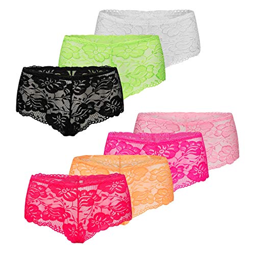 Kendindza Collection Kendinzda Damen 7er Set Unterhosen Spitzen-Unterwäsche Netz sexy Hot Pants, M, 7 Stück von Kendindza Collection