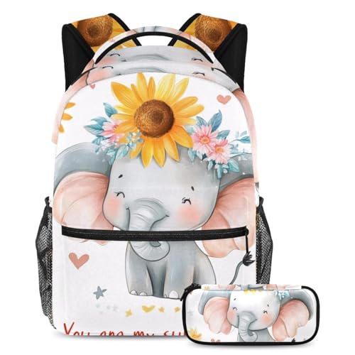 KengjuTesu 2-teiliges Rucksack-Set für Jungen und Mädchen, große Kapazität, Sonnenblumen-Elefant, Schultasche mit Federmäppchen, perfekter Tagesrucksack für Studenten, Teenager, Reisen und Wandern, von KengjuTesu