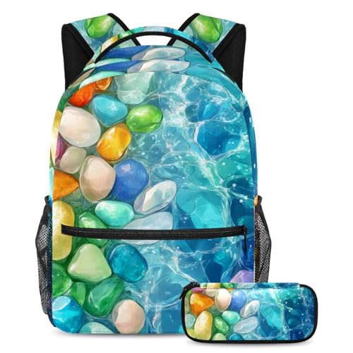 KengjuTesu 2-teiliges Rucksack-Set für Jungen und Mädchen, große Kapazität, bunte Meereswellen-Schultasche mit Federmäppchen, perfekter Tagesrucksack für Studenten, Teenager, Reisen und Wandern von KengjuTesu