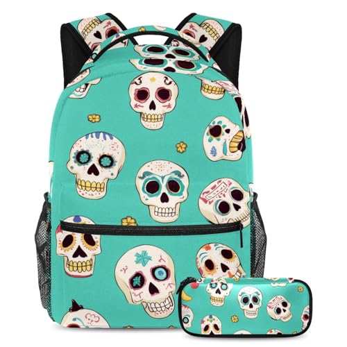 KengjuTesu 2-teiliges Rucksack-Set für Jungen und Mädchen, große Kapazität, lustige Skateboard-Skelett-Schultasche mit Federmäppchen, perfekter Tagesrucksack für Studenten, Teenager, Reisen und von KengjuTesu