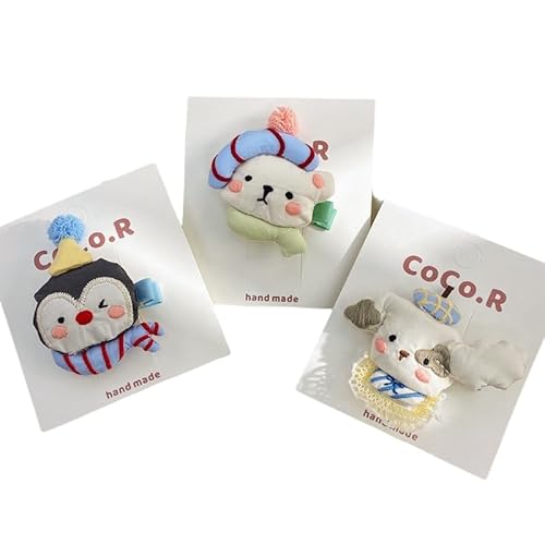 3 Stück Stoff-Haarspangen, handgefertigte niedliche Tierhunde- und Pinguin-Seitenclips, die das Haar nicht beschädigen von Keninll