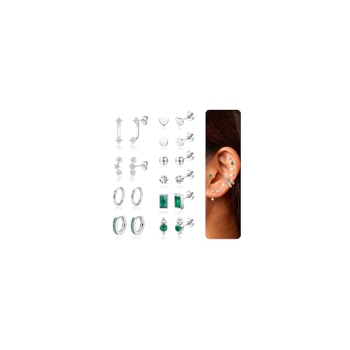 Kenivira 10 Paar Chirurgenstahl Ohrringes Set für Damen Silber Hypoallergene Klein Creolen Ohrringe Set Grün Zirkonia Knorpel Ohrringe Helix Tragus Piercing Ohr Schmuck von Kenivira