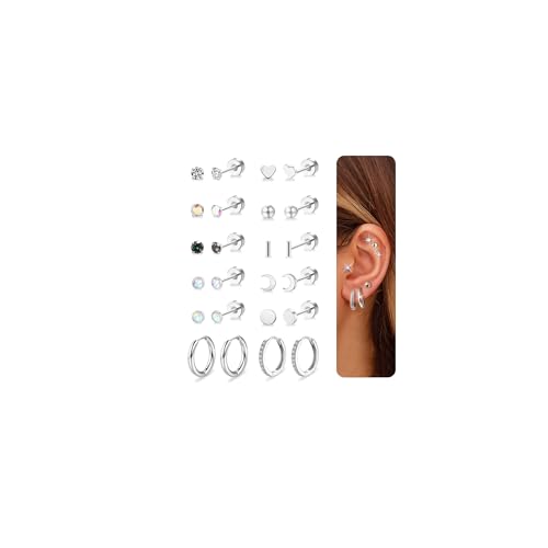 Kenivira 12 Paar Helix Piercings Silber Ohrringe Set für Frauen Chirurgenstahl kleine Creolen Ohrstecker hypoallergen Piercing Ohrschmuck Knorpel Ohrringe von Kenivira