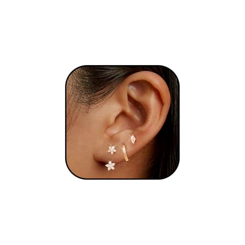 Kenivira 3 Paar Ohrringe für Damen,18K Plated Gold Ohrringe,Hypoallergene Cubic Zirkonia Kleine Ohrringe Ohrstecker Set,Blume Creolen Ohrringe Ohrstecker Set für Mehrere Piercings Kenivira 3 Paar Ohrringe für Damen,18K Plated Gold Ohrringe,Hypoallergene Cubic Zirkonia Kleine Ohrringe Ohrstecker Set,Blume Creolen Ohrringe Ohrstecker Set für Mehrere Piercings von Kenivira