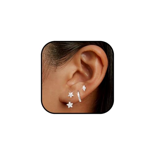 Kenivira 3 paar Ohrringe für Damen,Silber 925 Ohrringe,Hypoallergene Cubic Zirkonia Kleine Ohrringe Ohrstecker Set,Blume Creolen Ohrringe Ohrstecker Set für Mehrere Piercings von Kenivira