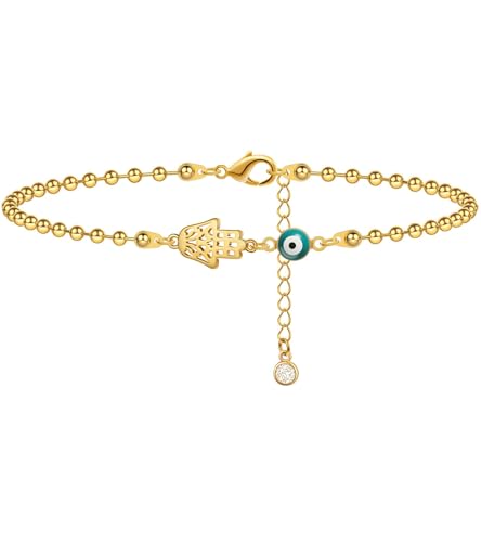 Kenivira Fußkettchen aus 18 Karat Gold für Frauen, böser Blick/Hamsa-Hand-Fußkettchen, verstellbare Perlenkette, Fußkettchen, Schmuck, Fußkettchen, Geschenke für Frauen von Kenivira