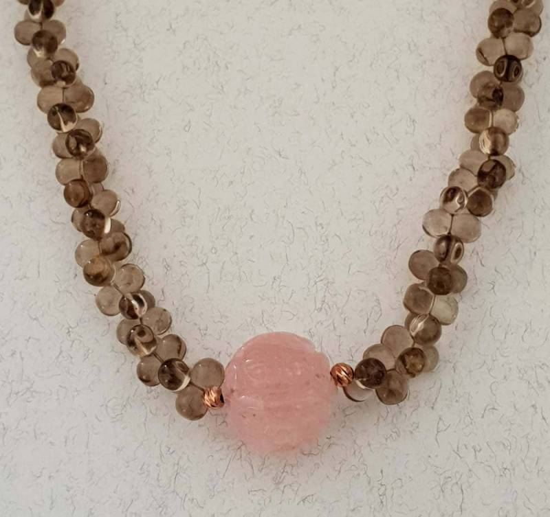 Rauchquarz & Morganit Perlen Halskette - Rosévergoldete Schließe von KennariesJewellery