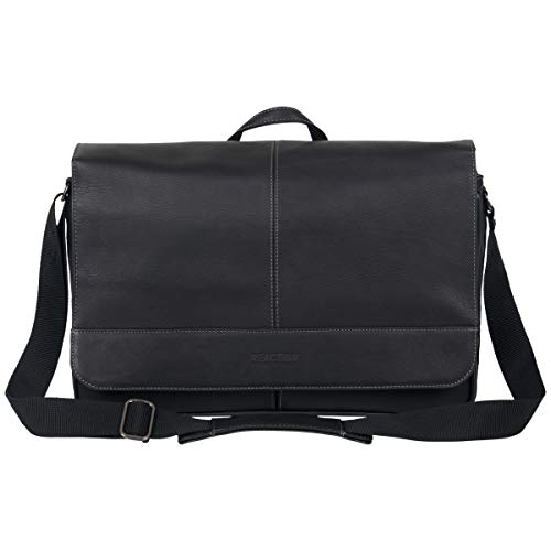 Kenneth Cole Reaction Unisex Laptoptasche Tasche für Schule, Arbeit und Reisen Manhattan Colombian Leder 15,6 Zoll Laptop/Tablet RFID Flapover Travel Messenger Bag, Schwarz von Kenneth Cole Reaction