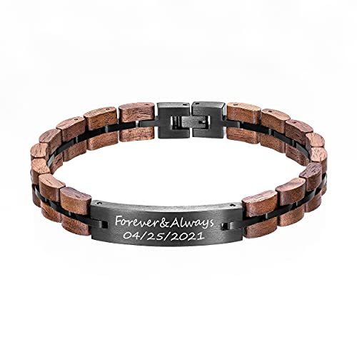 Gravur Benutzerdefinierte Gliederarmbänder Personalisierte Armreif Edelstahl Holz Gliederkette Armband Schmuck für Männer Jungen Schwarz mit Geschenkbox, 9.8 inches, Holz Edelstahl von Kenon
