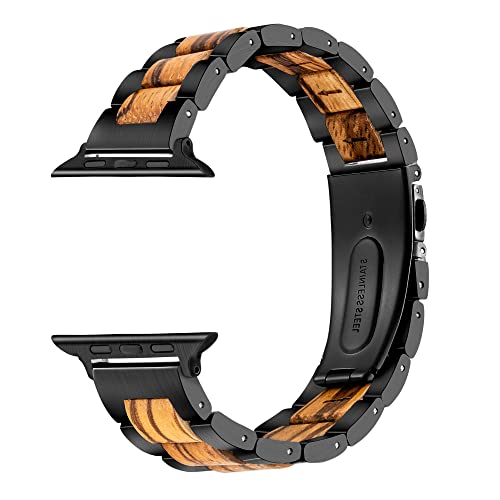 Holz & Edelstahl Band kompatibel mit Apple Watch 45 mm 44 mm 42 mm, Holzglieder-Uhrenarmband für Herren, Apple Watch Armband Ersatz SE Serie 4 5 6 7 (42/44 mm, Stil 1) von Kenon