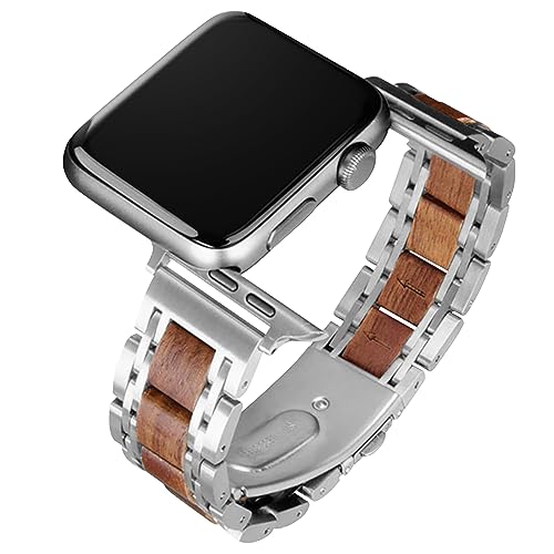 Holz & Edelstahlband kompatibel mit Apple Watch 38mm 40mm, Holzgliederarmband für Männer, Apple Watch Armband Ersatz SE Serie 1 2 3 4 5 6 7 (38/40 mm) von Kenon