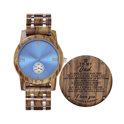 Kenon Personalisierte benutzerdefinierte Holz Uhr Benutzerdefinierte Holz graviert Trauzeugen Geschenk Freund Vater Hochzeit Holz Jahrestag für Männer, Blue Face-to Dad, Men's Standard, Klassisch von Kenon