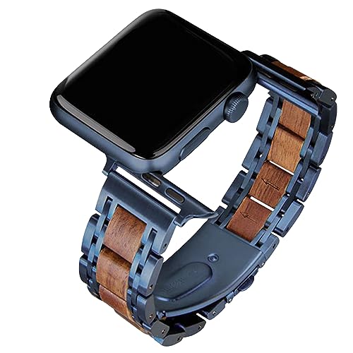 Natürliches Holz Blau Walnuss Edelstahl Metallarmband, Ersatzarmband für Apple Watch Ultra & SE Serie 8 7 6 Serie 5 4 3 2 1,42mm 44mm 45mm (42/44 mm) von Kenon