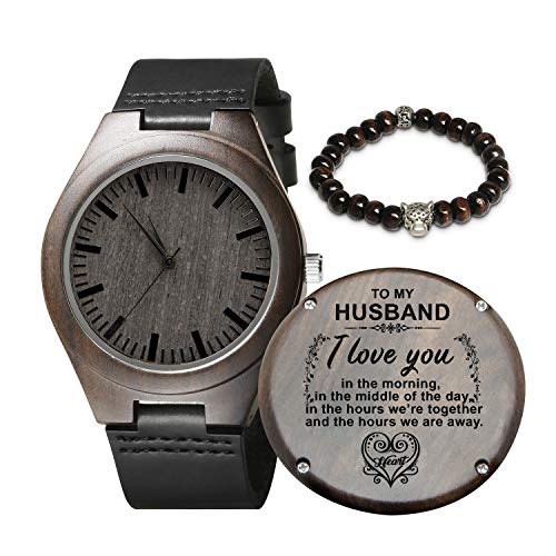 Personalisierte Gravierte Holz-Uhren für Herren, natürliches schwarzes Echtleder-Holz, analoge Armbanduhr mit Gravur Ihrer Worte für Ehemann, Sohn, personalisierbare Holz-Armbanduhr zum Geburtstag, Ja von Kenon