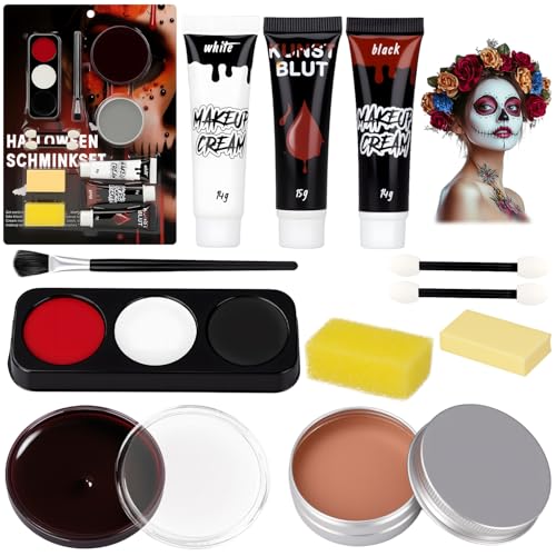 Halloween Schminke Set Erwachsene Kinder - Halloween Make Up Kinderschminke mit Kunstblut + Face Paint (Schwarz + Weiß + Rot) + Bodypainting Farben + Narbenwachs, Theaterschminke für Clown Vampir von Kenvora