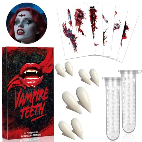 Vampir Zähne Vampirzähne Erwachsene 4 Paar - 4 Größen Vampire Teeth Halloween Kostüm Accessoires mit 2 Tube Zahnkleber & 5 Halloween Tattoos, Gefälschte Vampirgebiss Vampir Fangs für Cosplay Party von Kenvora