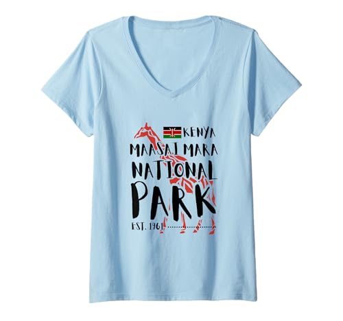 Damen Maasai Mara Nationalpark Kenia Flagge Safari Giraffe Afrika T-Shirt mit V-Ausschnitt von Kenya Maasai Mara National Reserve Souvenirs