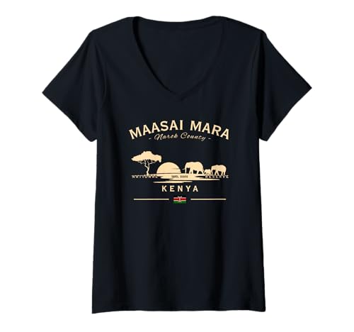 Damen Maasai Mara Elephants National Reserve Kenia Flag Safari T-Shirt mit V-Ausschnitt Damen Maasai Mara Elephants National Reserve Kenia Flag Safari T-Shirt mit V-Ausschnitt von Kenya Sunset National Park Maasai Mara Souvenirs